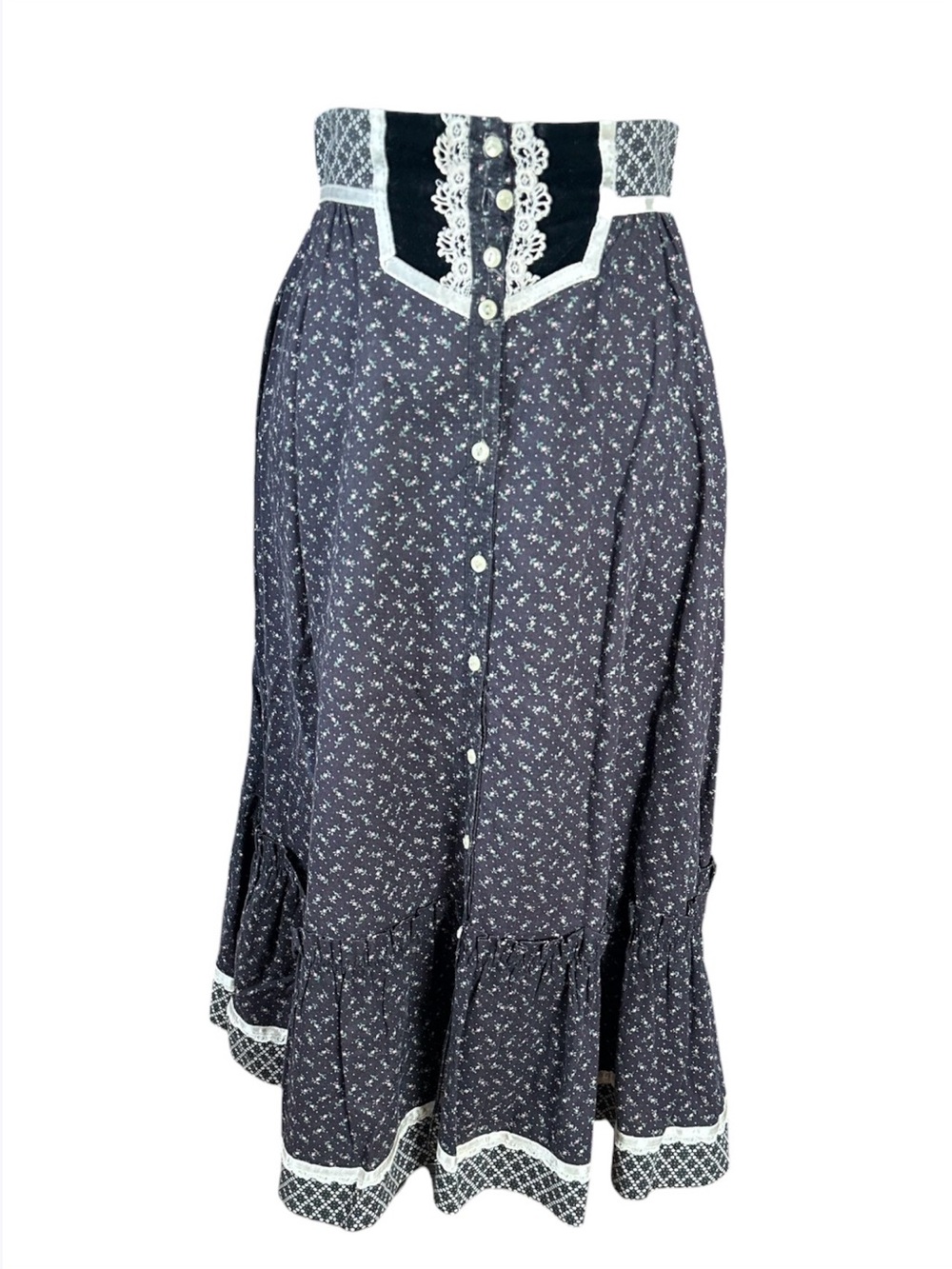 Gunne Sax black charcoal White Floral Maxi Skirt with Lace Trim
